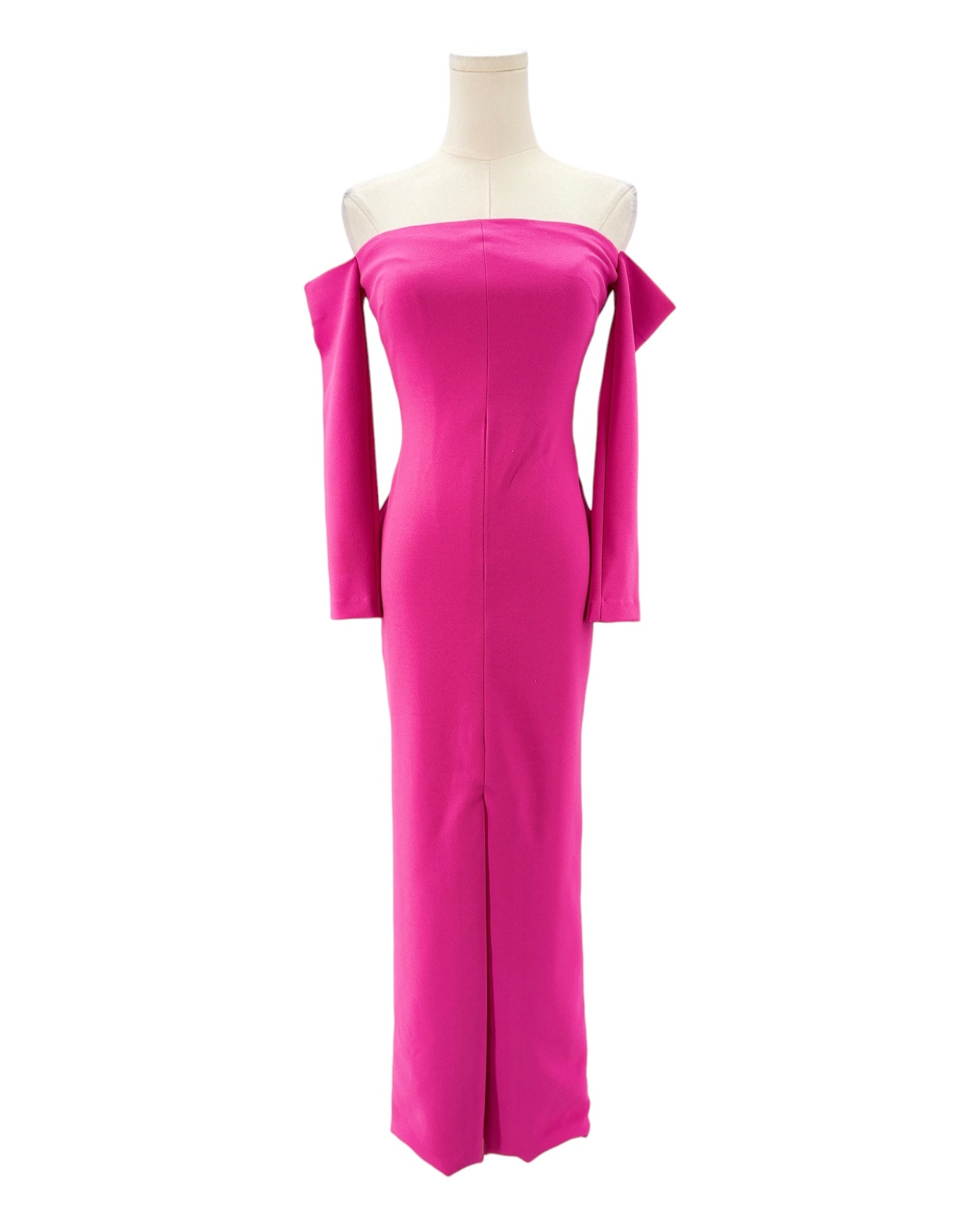 Pink off-shoulder gown on a mannequin against a white background