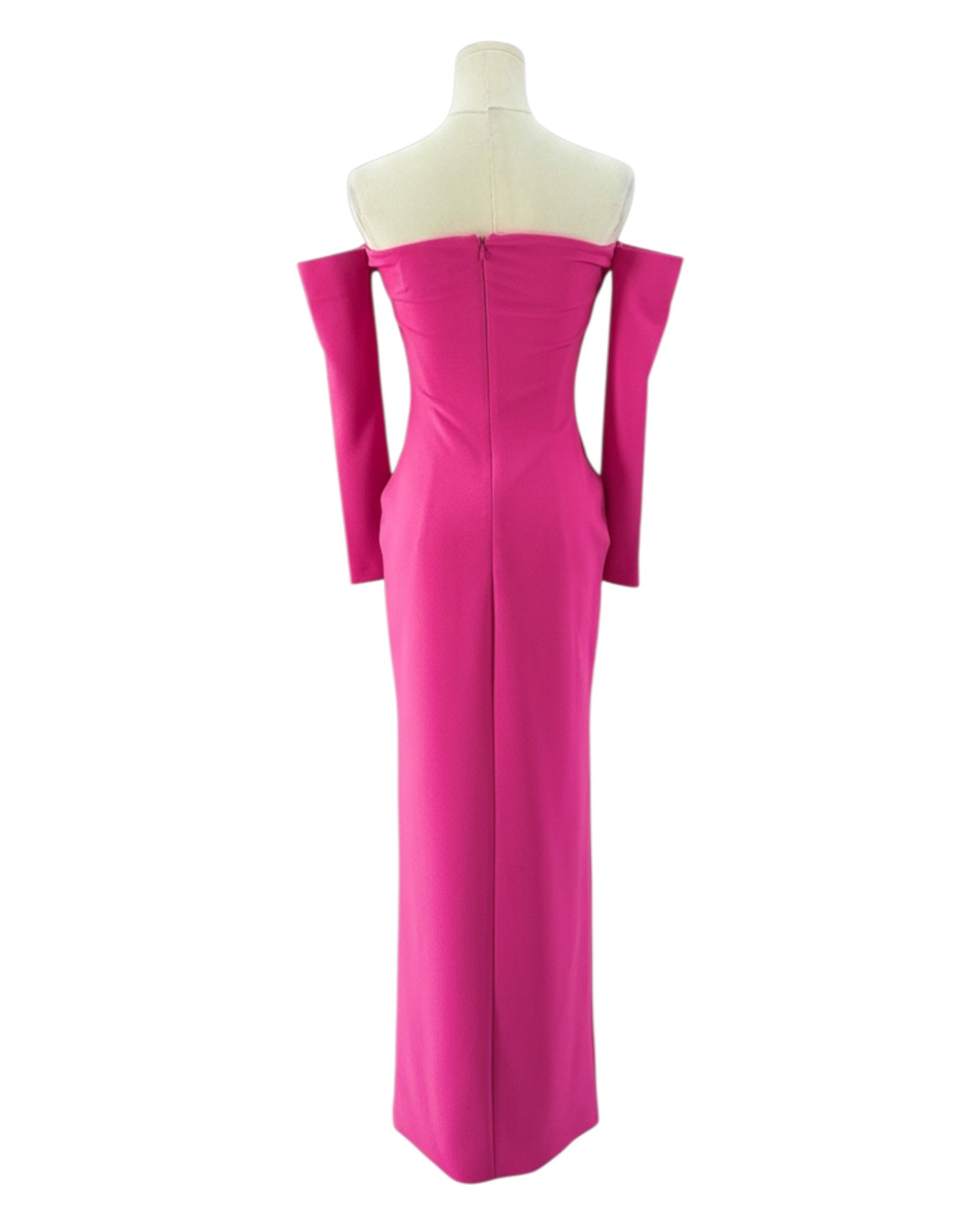 Pink off-shoulder gown on a mannequin against a white background