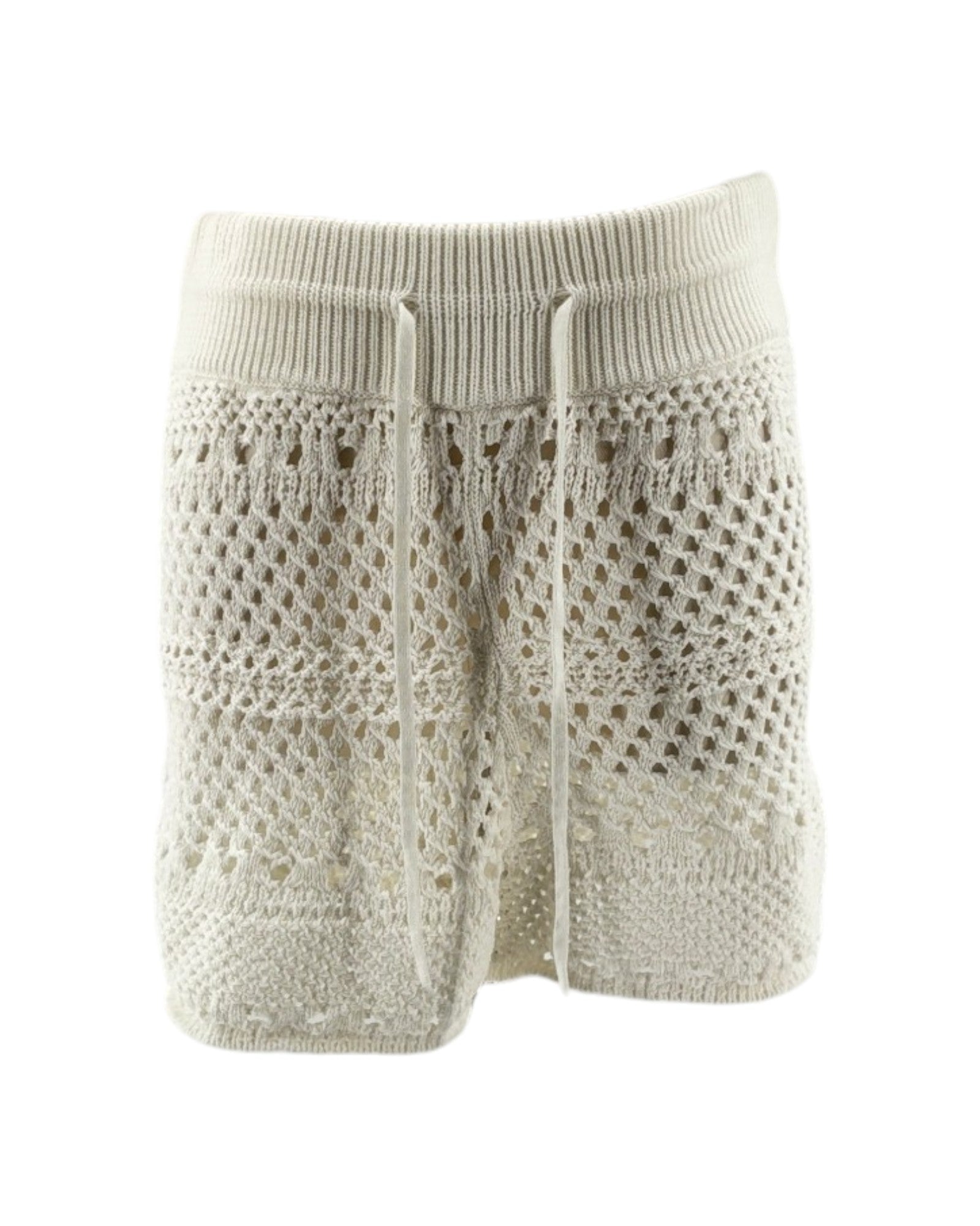 white knitted shorts with lace detailing on a white background