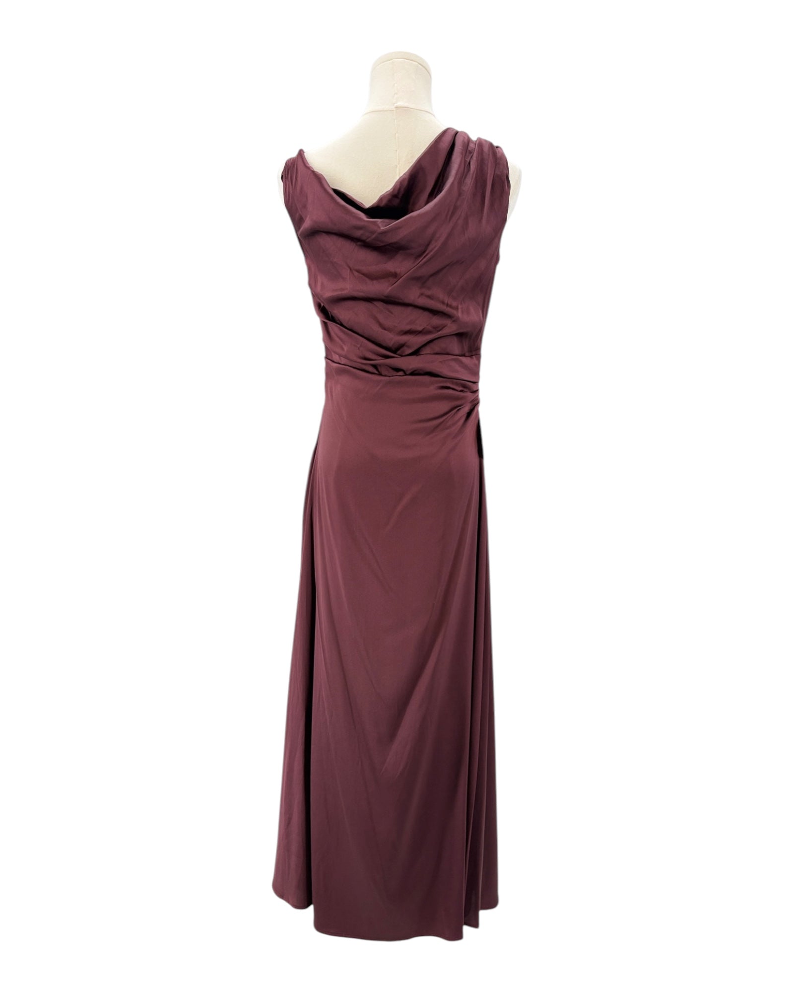 Staud maroon evening gown on a mannequin against a white background