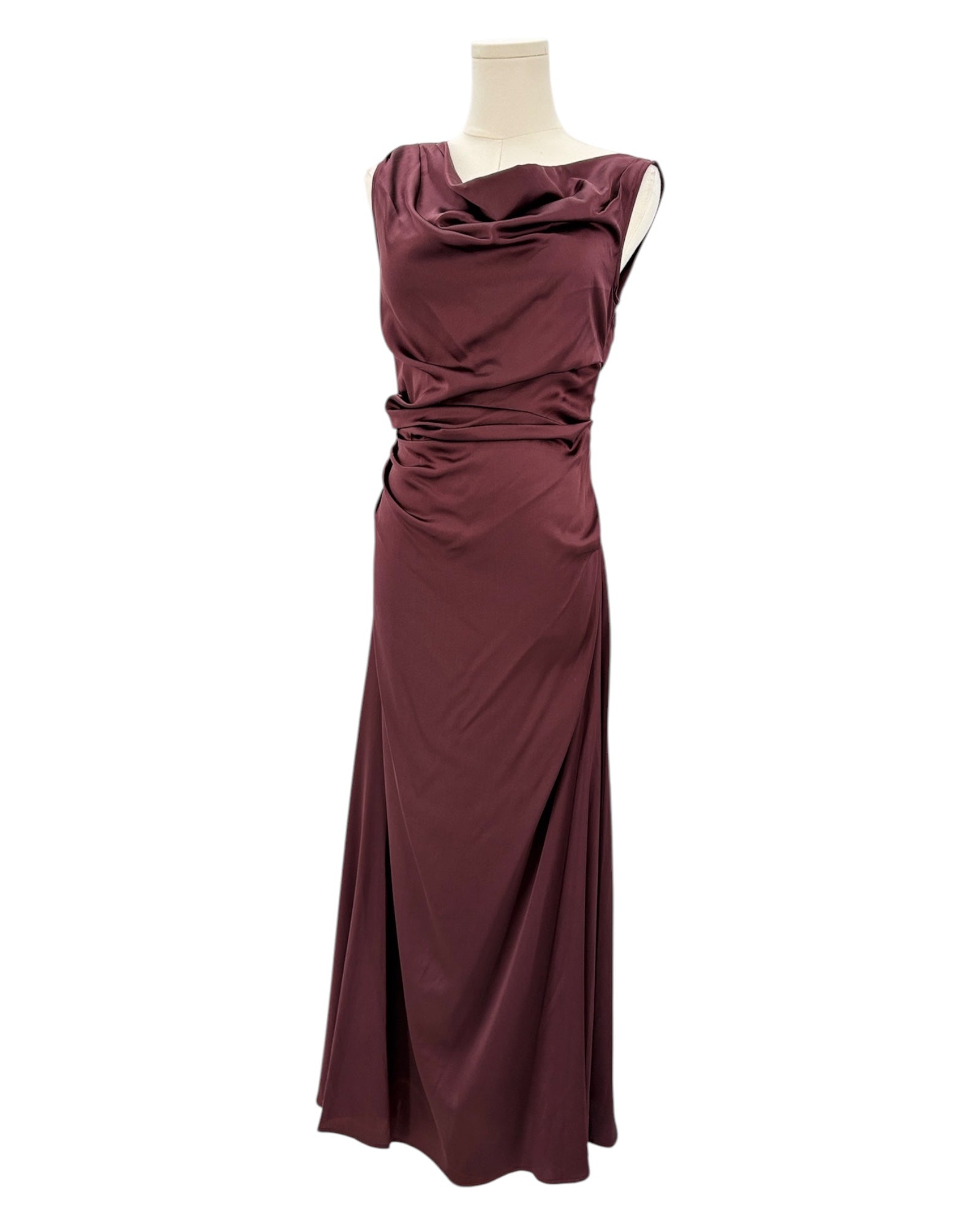 Staud maroon evening gown on a mannequin against a white background