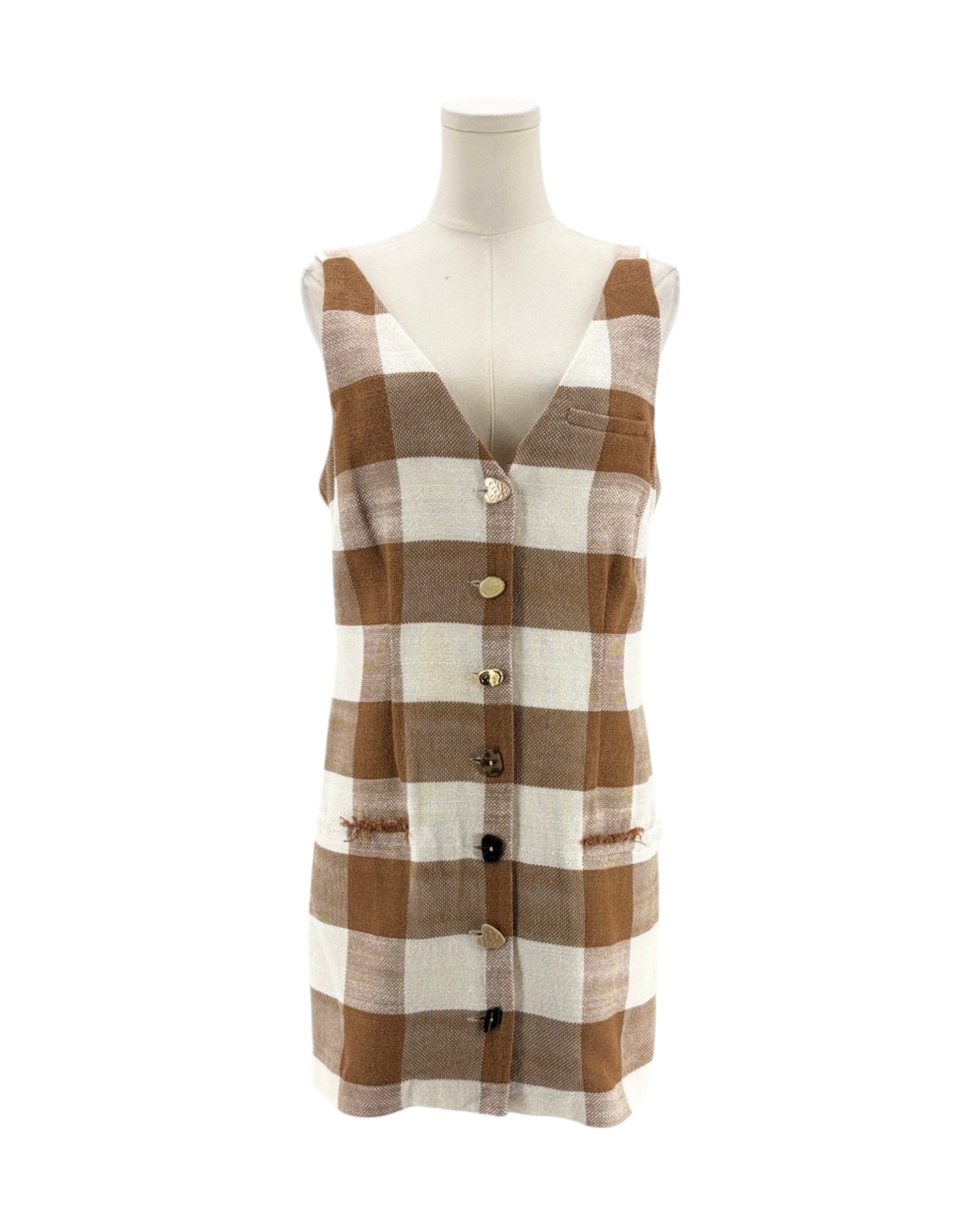 Plaid sleeveless dress on a mannequin against a white background