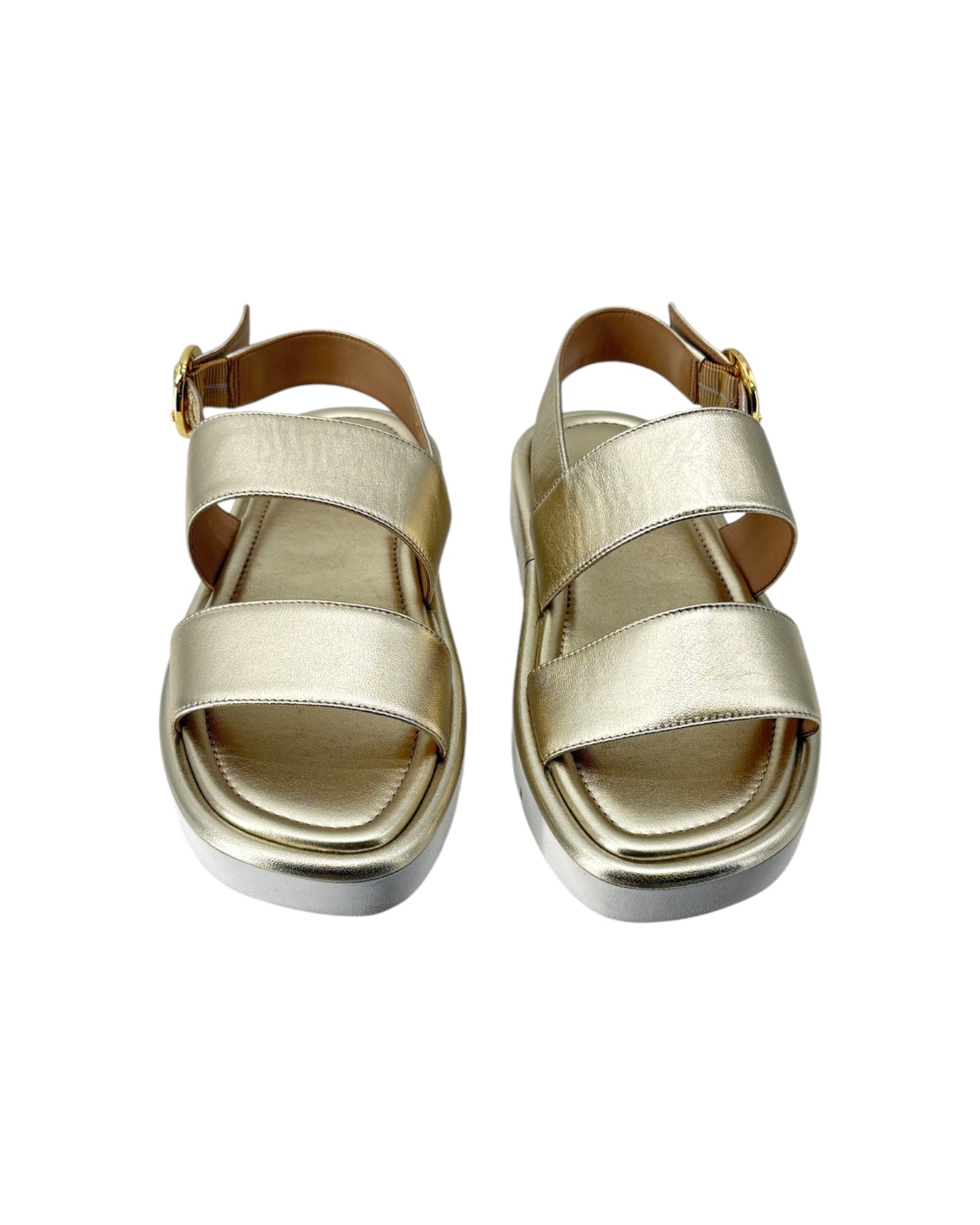 Pair of gold sandals on a white background