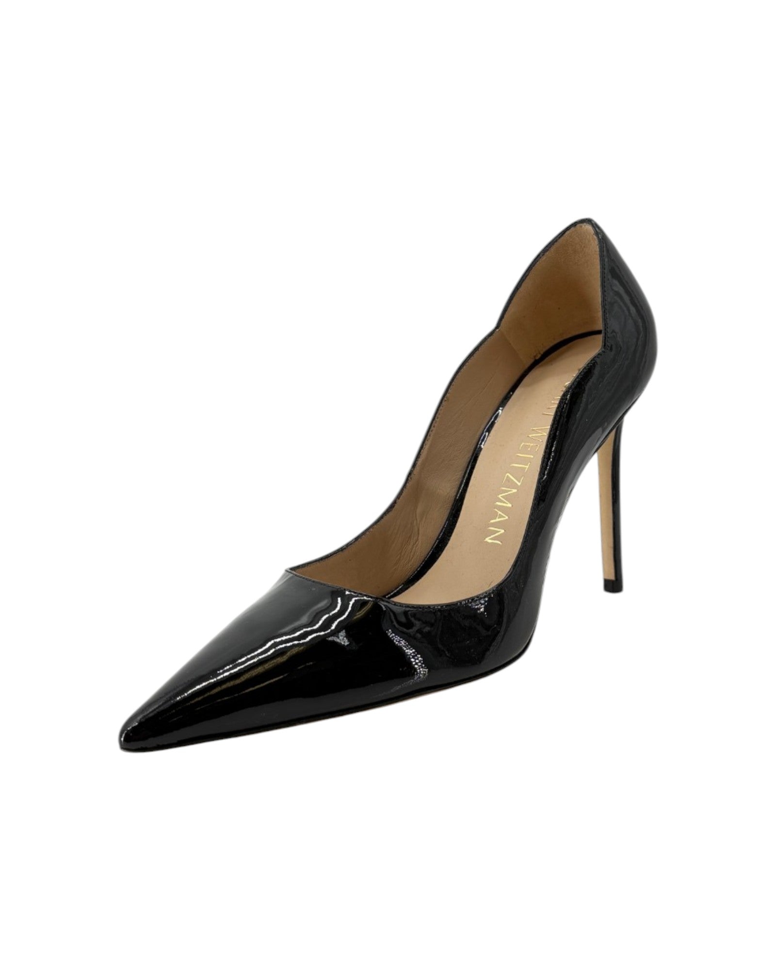 Black high-heeled shoe on a white background