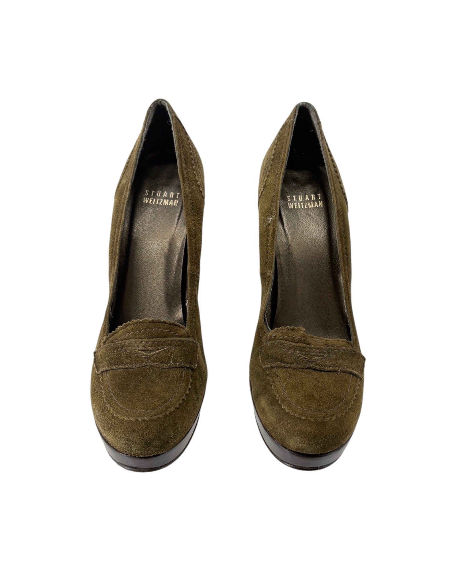 Pair of olive green suede shoes on a white background