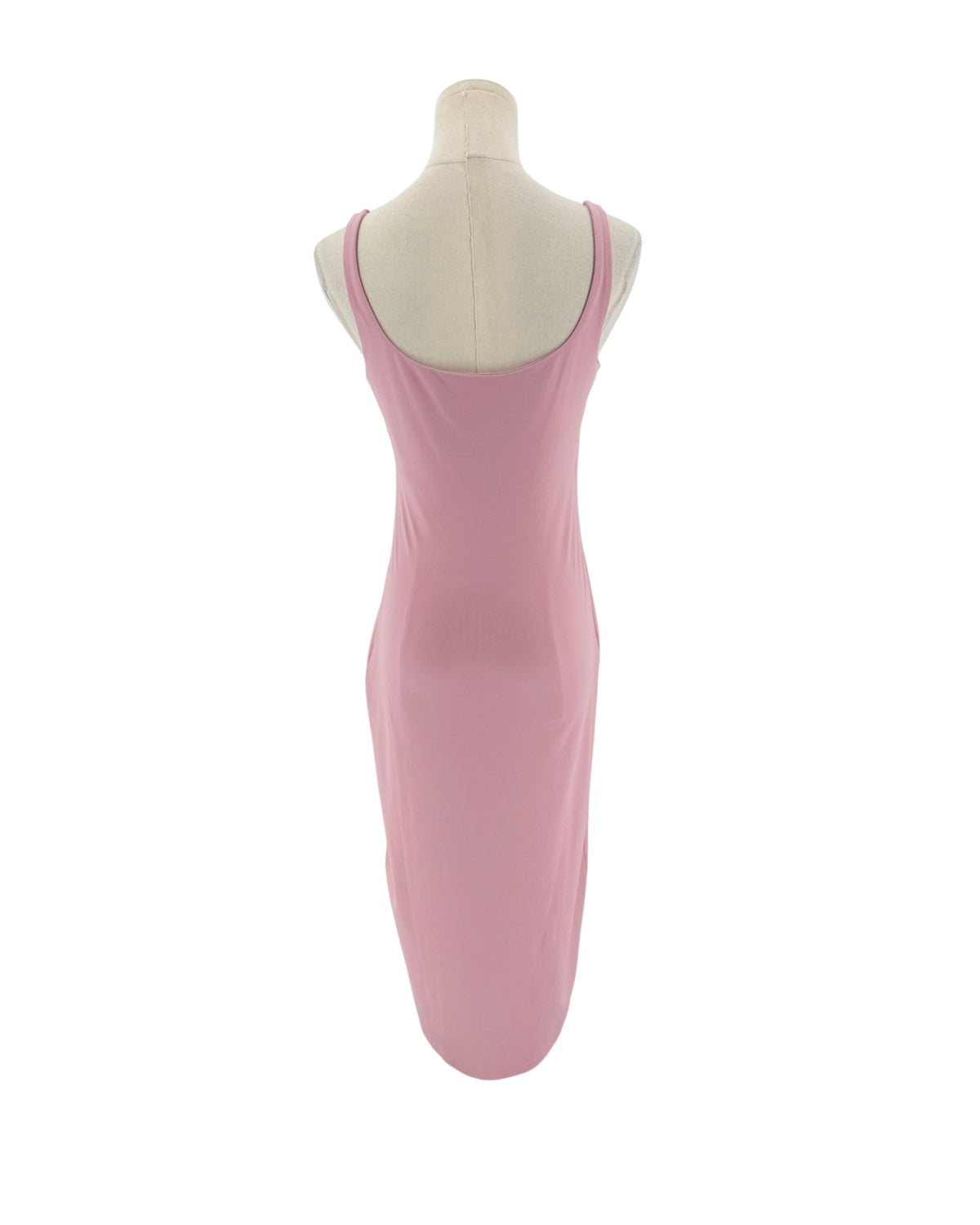 A sleeveless pink slip dress displayed on a cream mannequin torso against a plain white background.