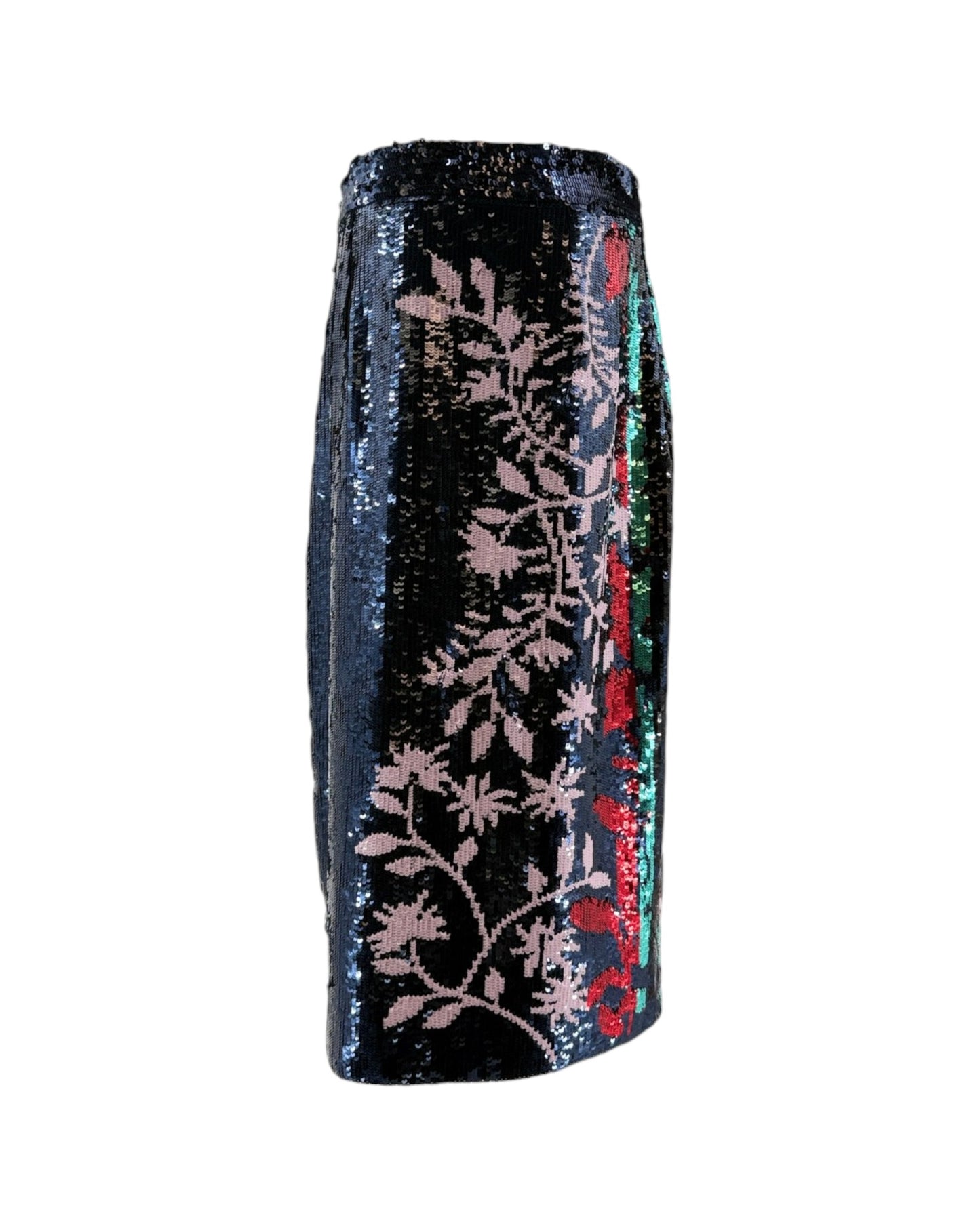 Black sequin skirt with floral embroidery on a white background