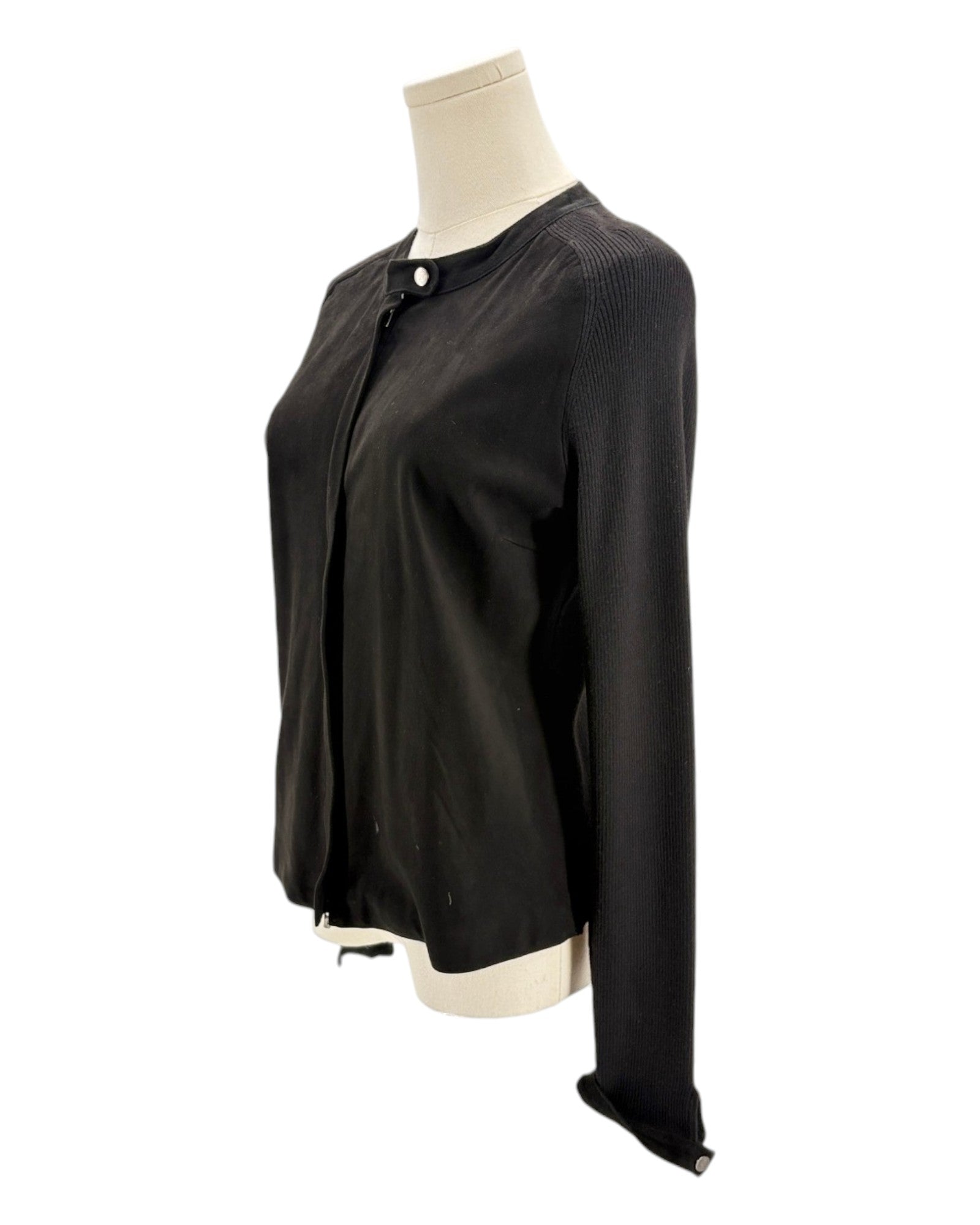 Black long sleeve jacket on mannequin on white background