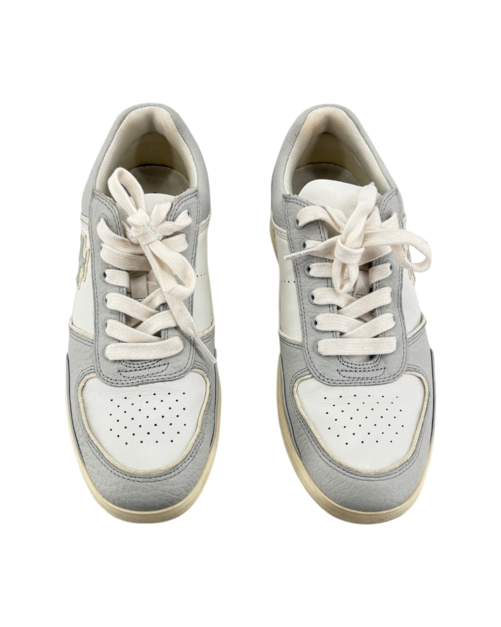 Pair of gray and white sneakers on a white background