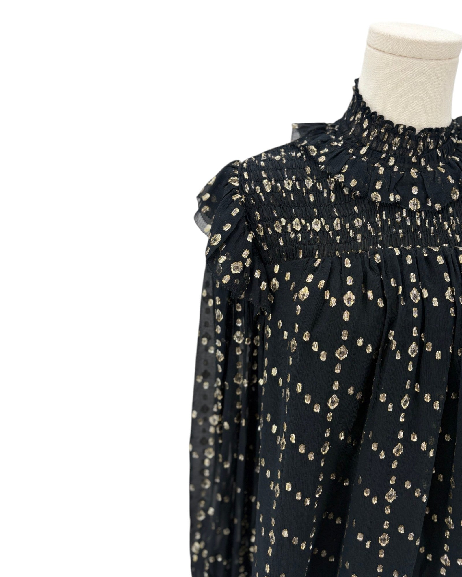Ulla Johnson black blouse with gold pattern on a mannequin against a white background