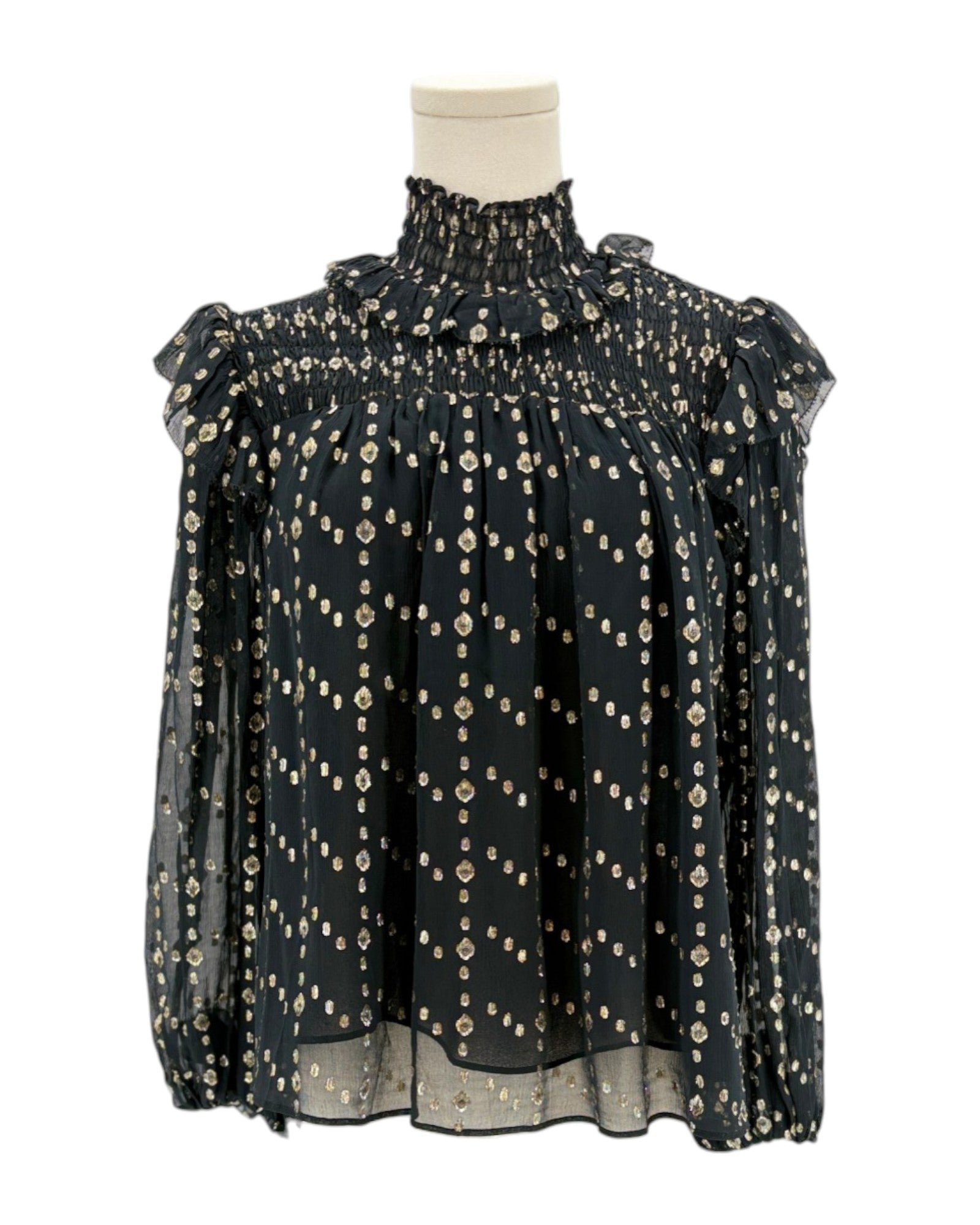 Ulla Johnson black blouse with gold pattern on a mannequin against a white background