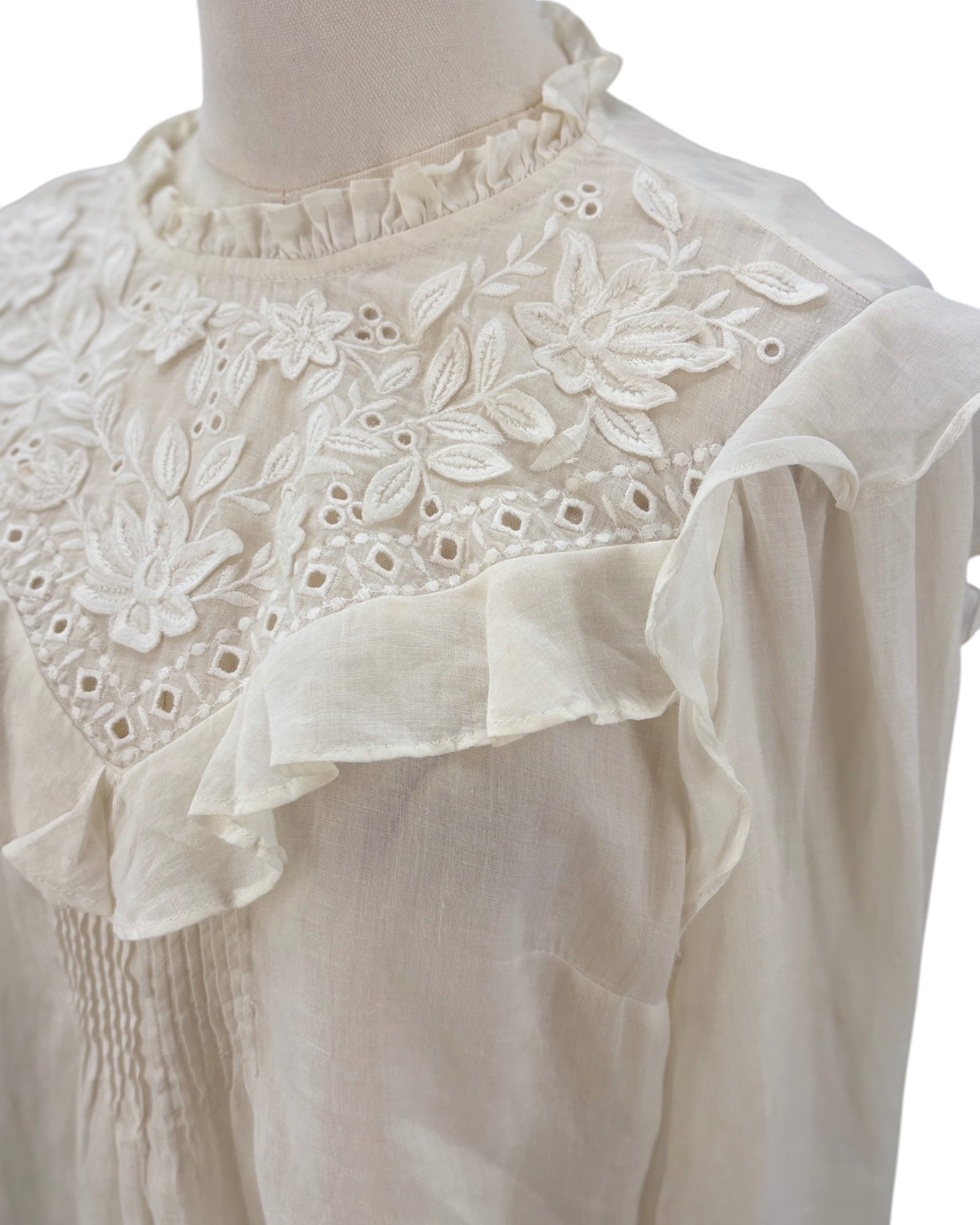 White blouse with lace detailing on a mannequin against a white background