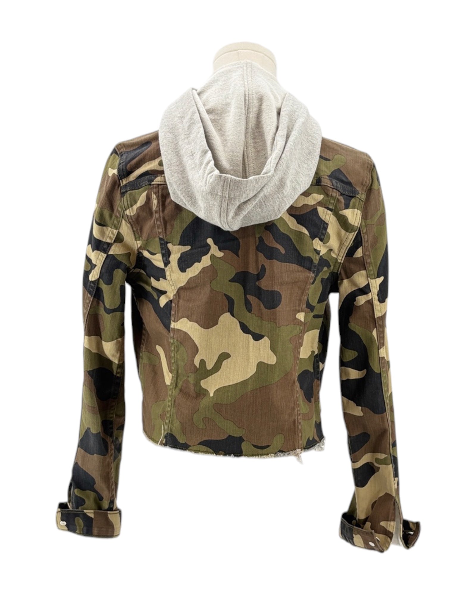 Camouflage jacket with a hood on a white background