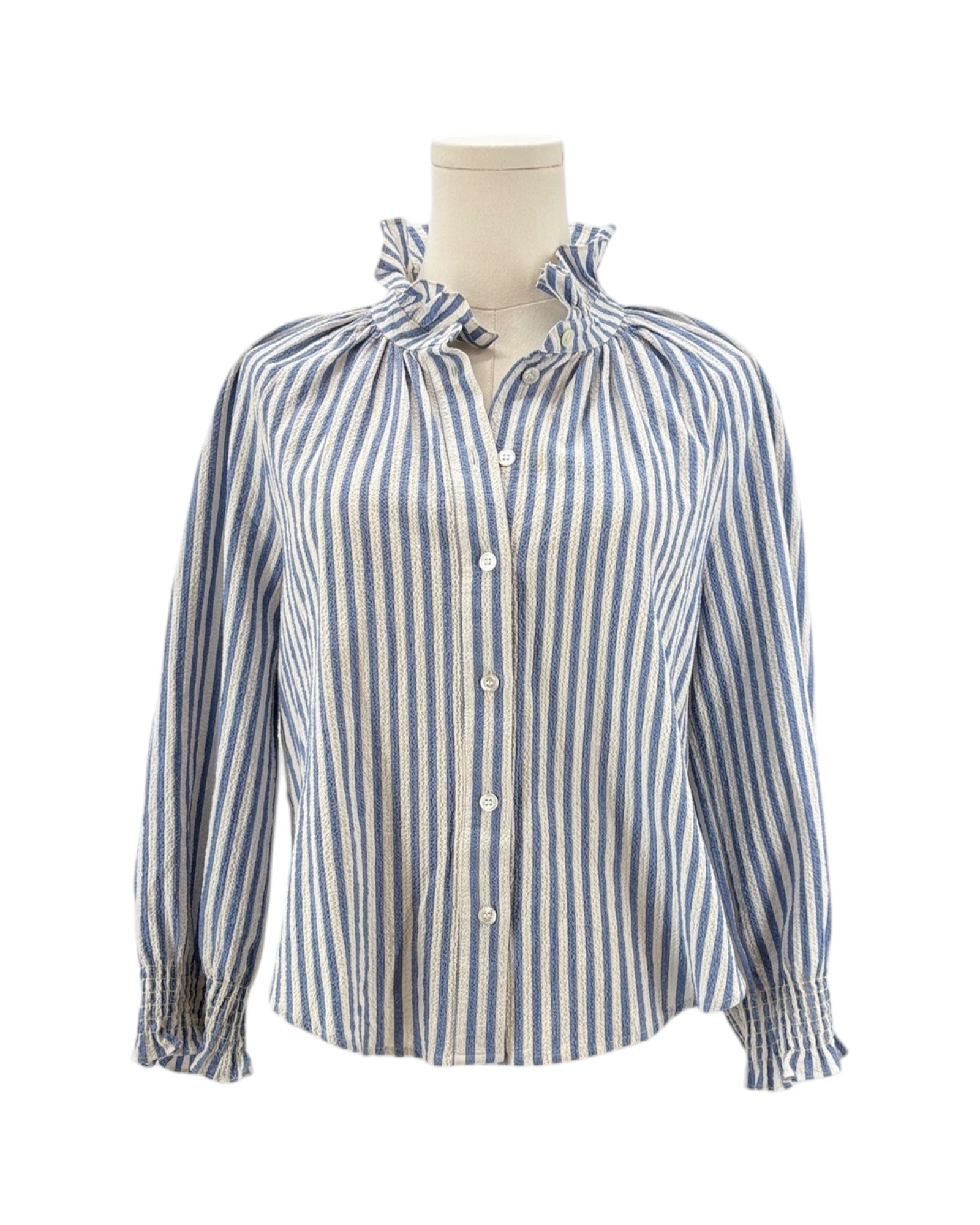 Veronica Beard blue and white striped shirt on a mannequin with a white background