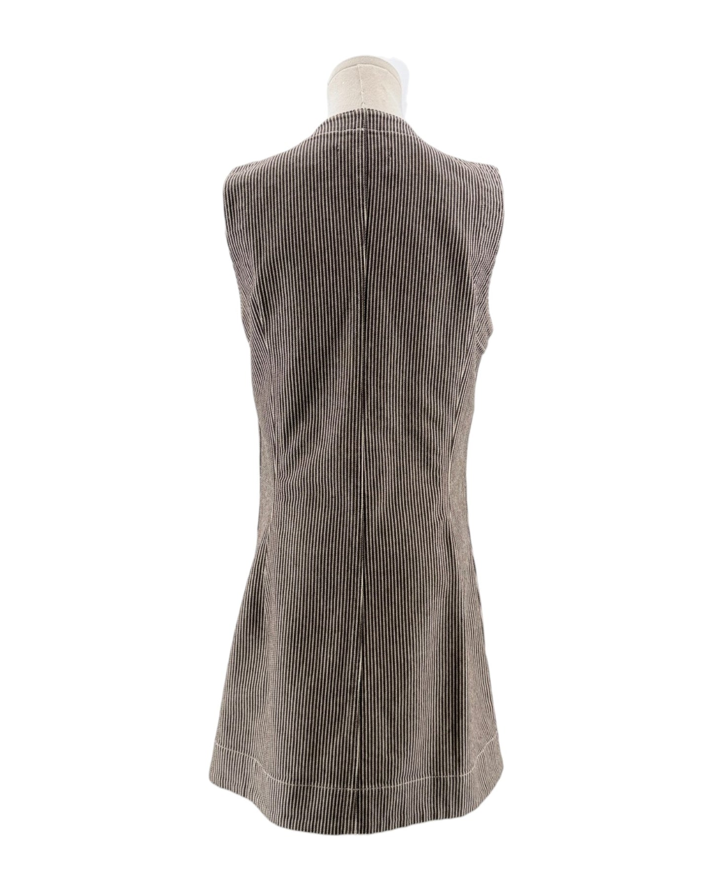 Brown striped sleeveless dress on a mannequin against a white background