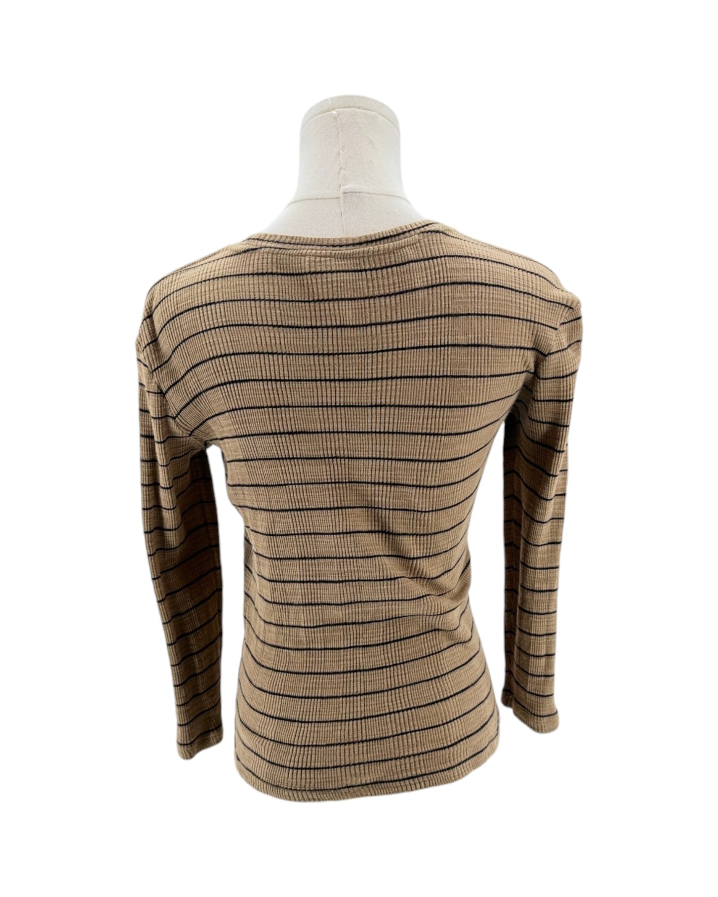 Mannequin wearing a brown and black striped long-sleeve top on a white background