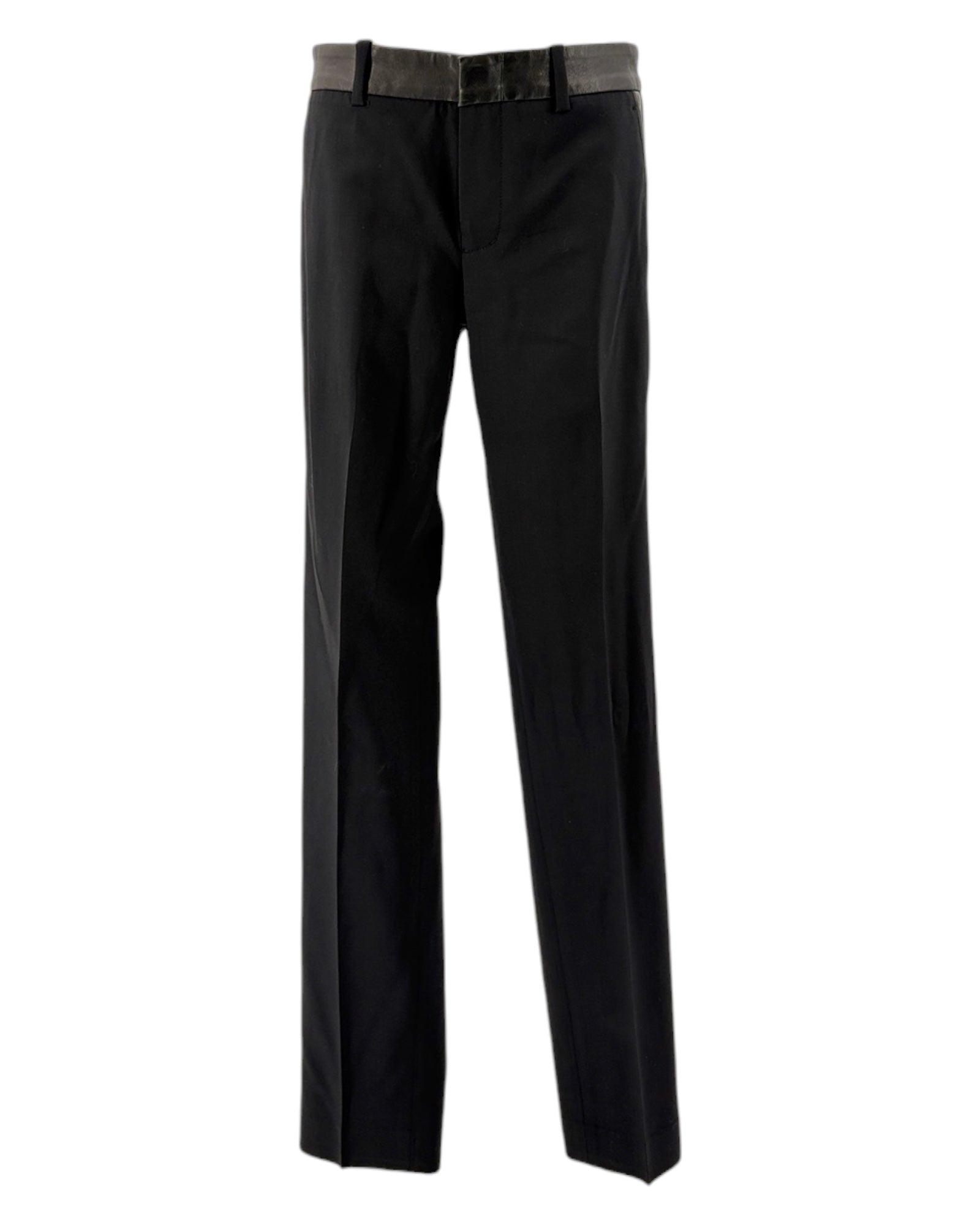 Black pants with a leather waistband on a white background