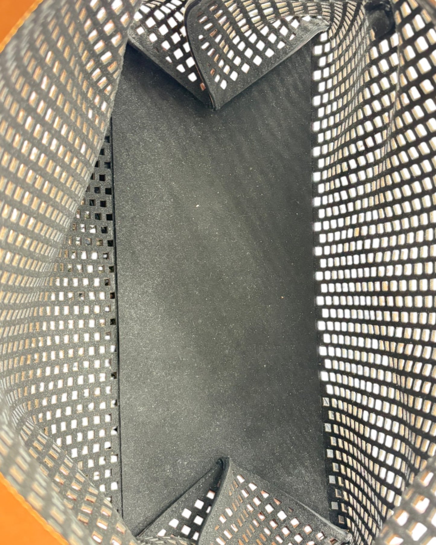 Close-up view from inside a brown mesh or perforated plastic bag, showing the dark interior lining and the repeating grid pattern of the material.