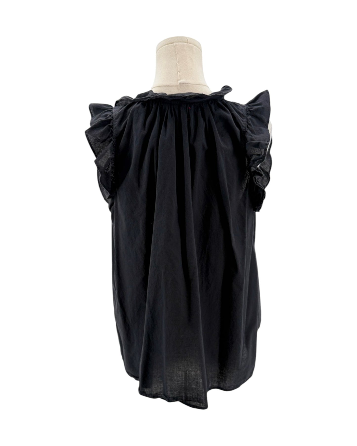 Black dress with ruffled sleeves on a mannequin against a white background