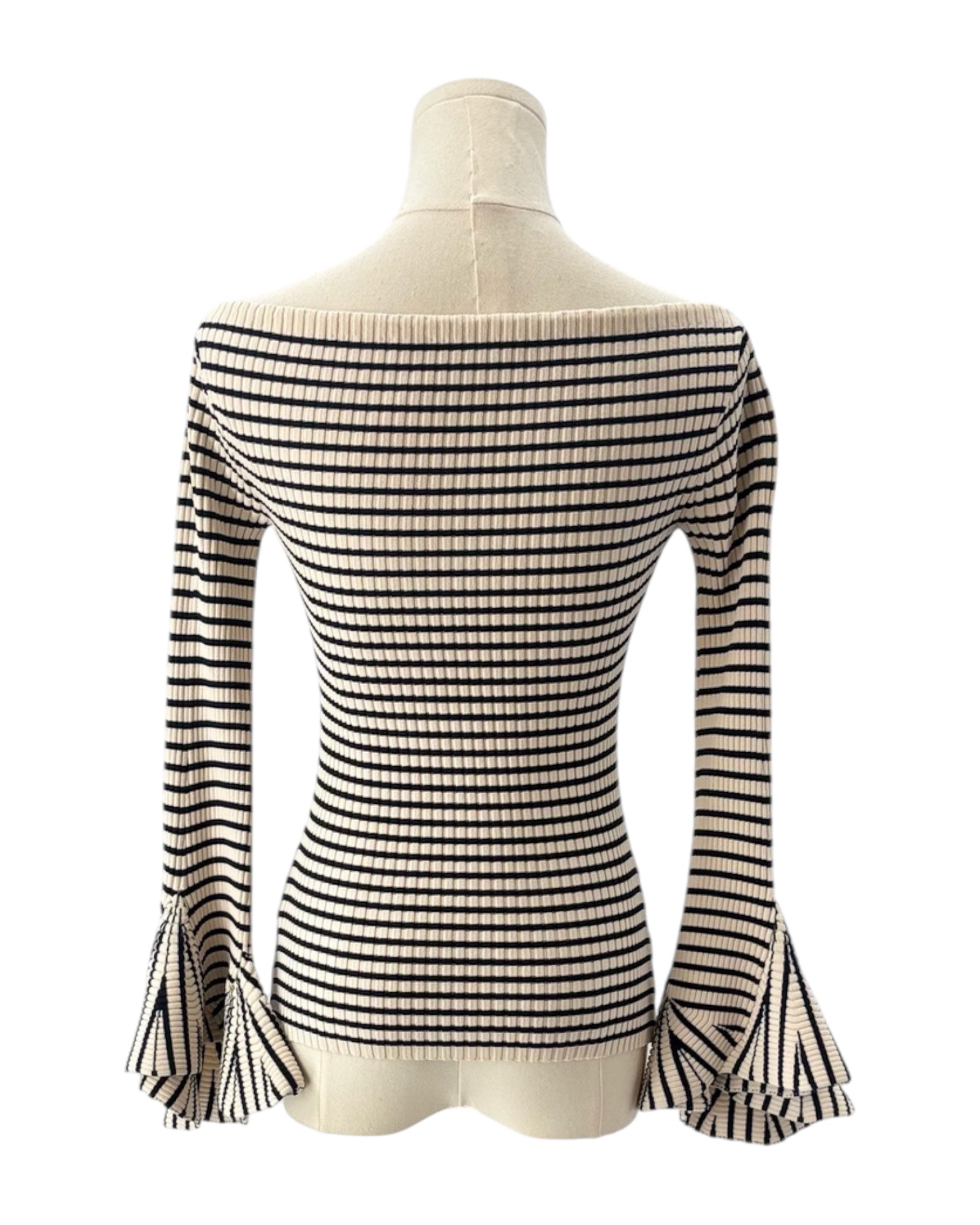 Black and white striped top on a mannequin against a white background