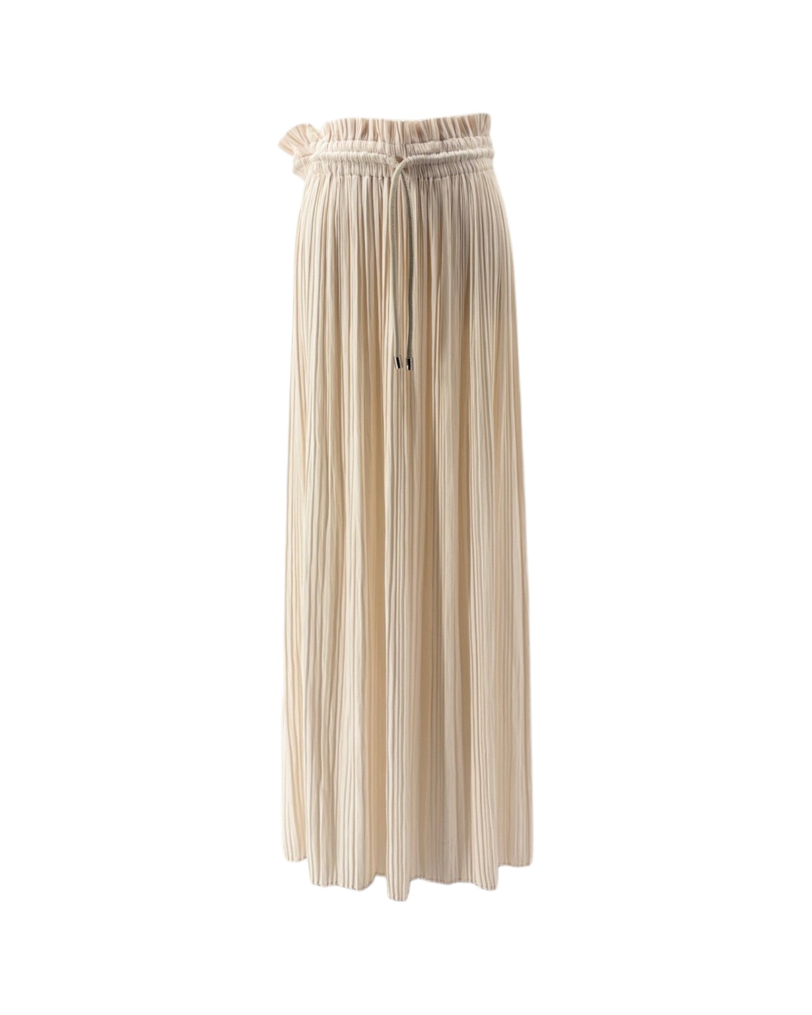 A high-waisted, pleated maxi skirt in a light beige or cream color, featuring a matching fabric tie belt at the waist, shown against a plain white background.