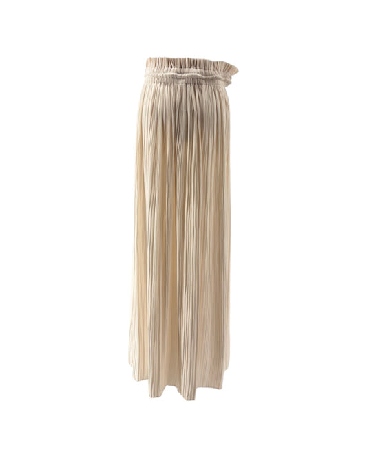 A pleated midi skirt in a light beige or cream color, featuring a gathered elastic waistband and a drawstring detail, shown against a plain white background.
