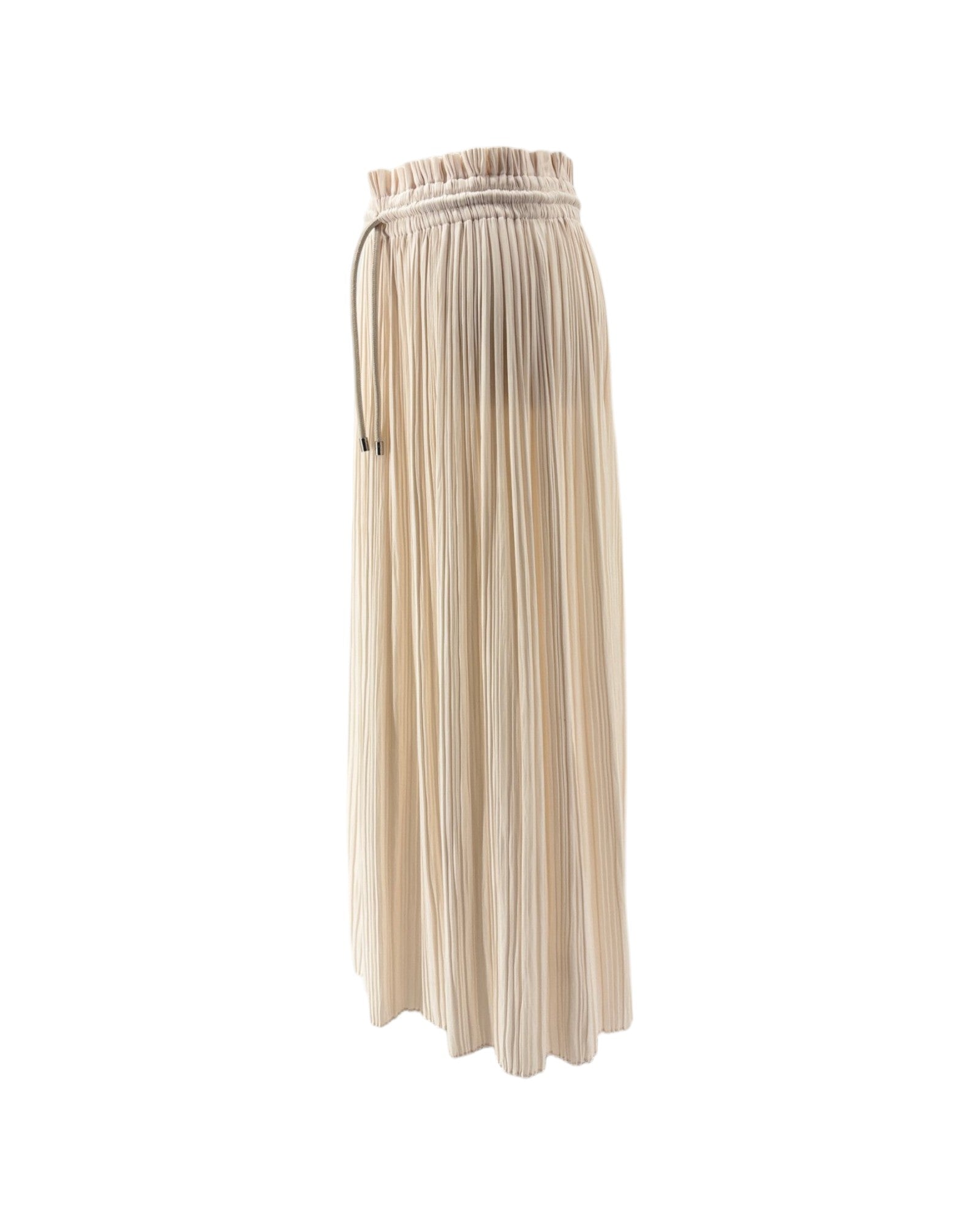 A pleated midi skirt in a light beige or cream color, featuring a gathered elastic waistband and a drawstring detail, shown against a plain white background.