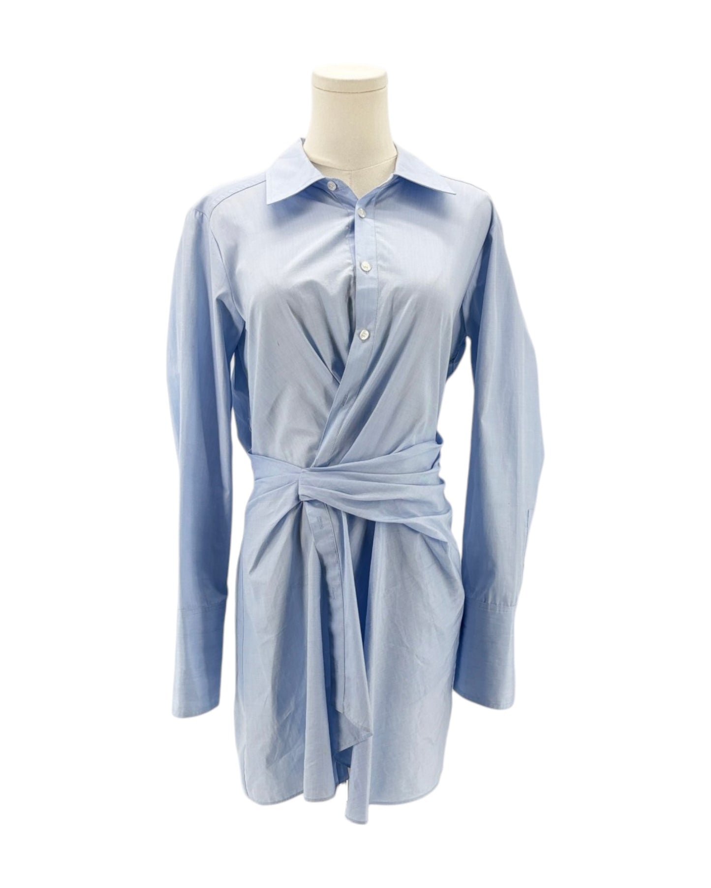 Light blue long sleeve mini dress on a mannequin on a white background