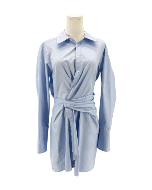 Light blue long sleeve mini dress on a mannequin on a white background