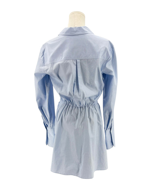 Light blue long sleeve mini dress on a mannequin on a white background
