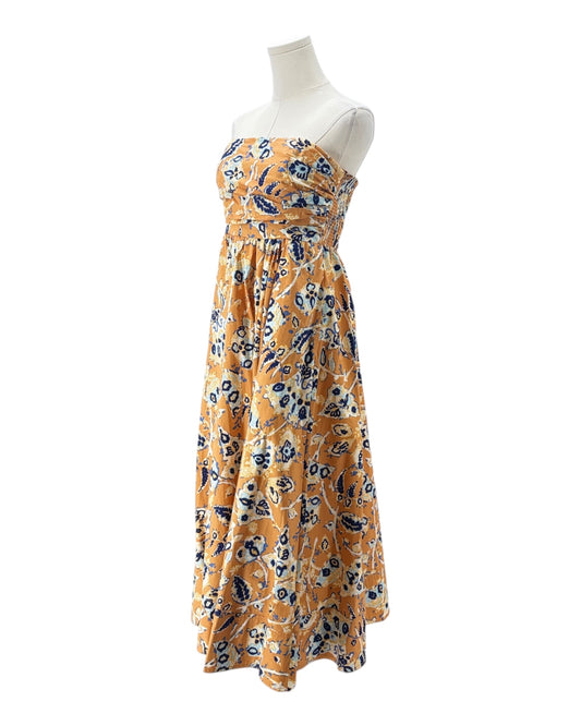Floral dress on a mannequin against a white background