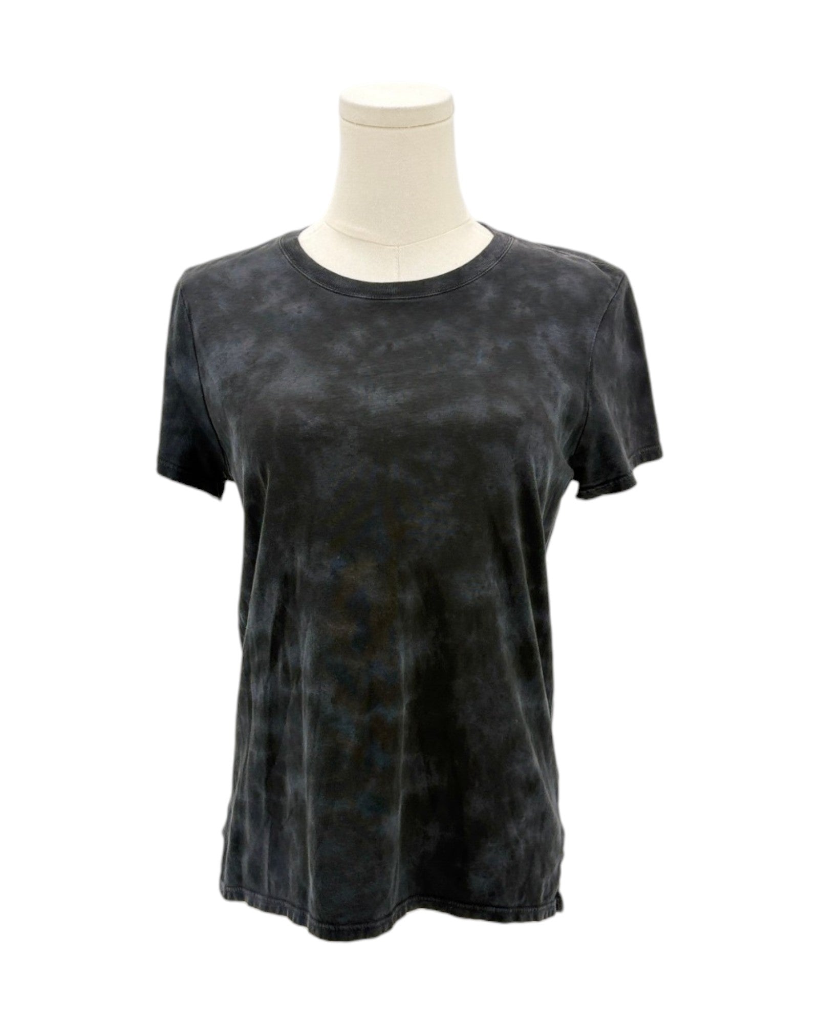 Black tie-dye t-shirt on a mannequin against a white background