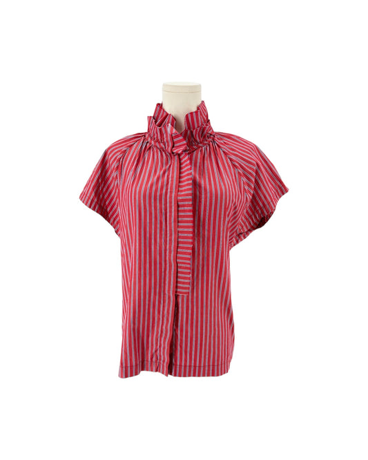 Red High ruffled collar, cap sleeves, hidden front placket top on a mannequin on a white background