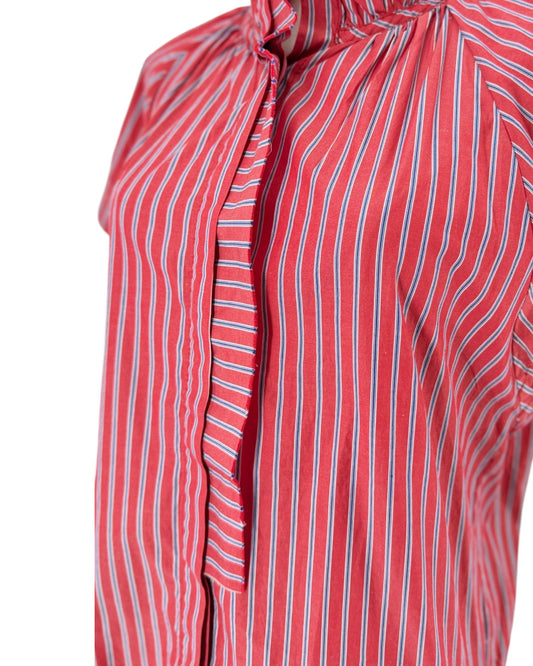 Red High ruffled collar, cap sleeves, hidden front placket top on a mannequin on a white background