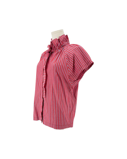 Red High ruffled collar, cap sleeves, hidden front placket top on a mannequin on a white background