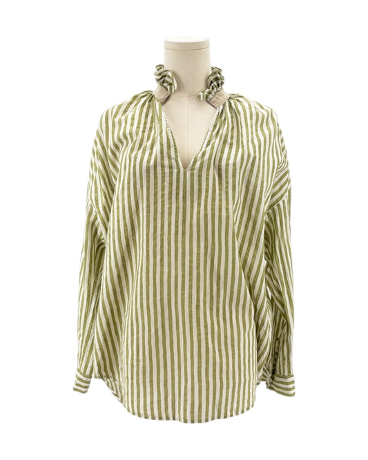 Green and white striped blouse on a mannequin with a white background
