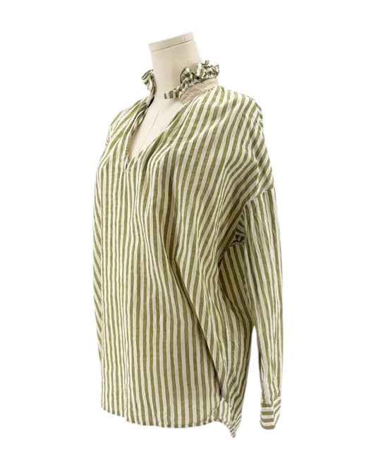 Green and white striped blouse on a mannequin against a white background