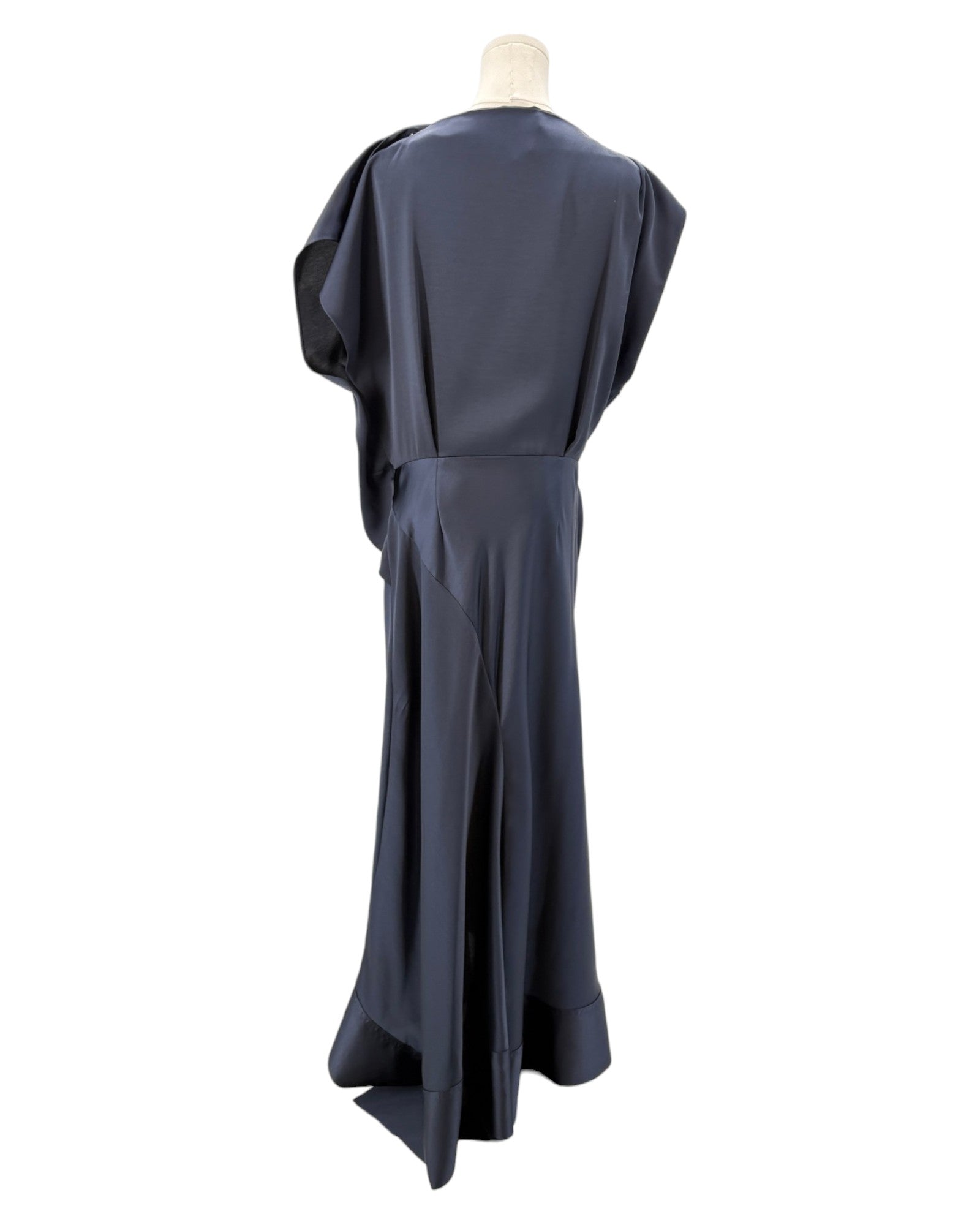 Navy blue dress on a mannequin against a white background