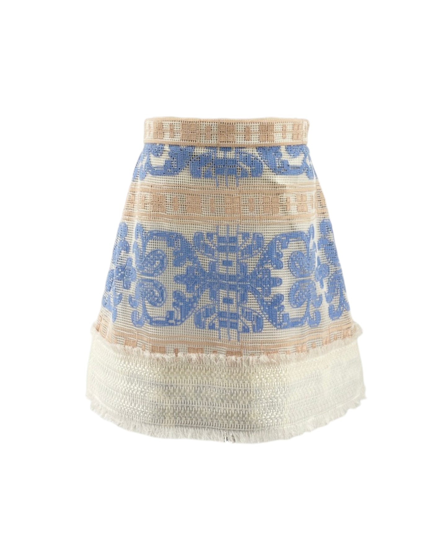 Skirt with blue patterned top and beige bottom on a white background