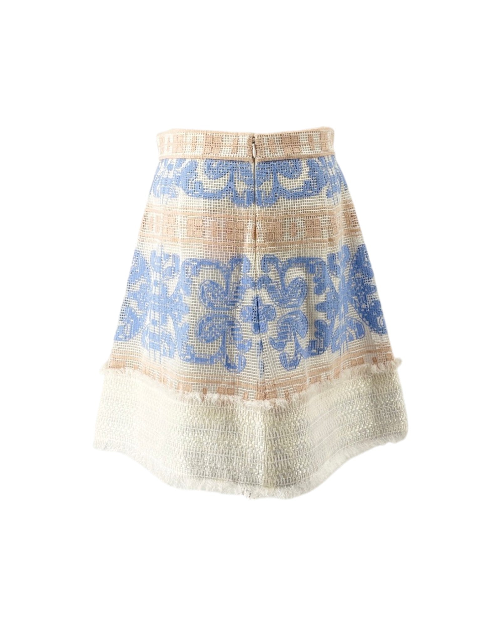 Skirt with blue floral pattern and beige border on a white background