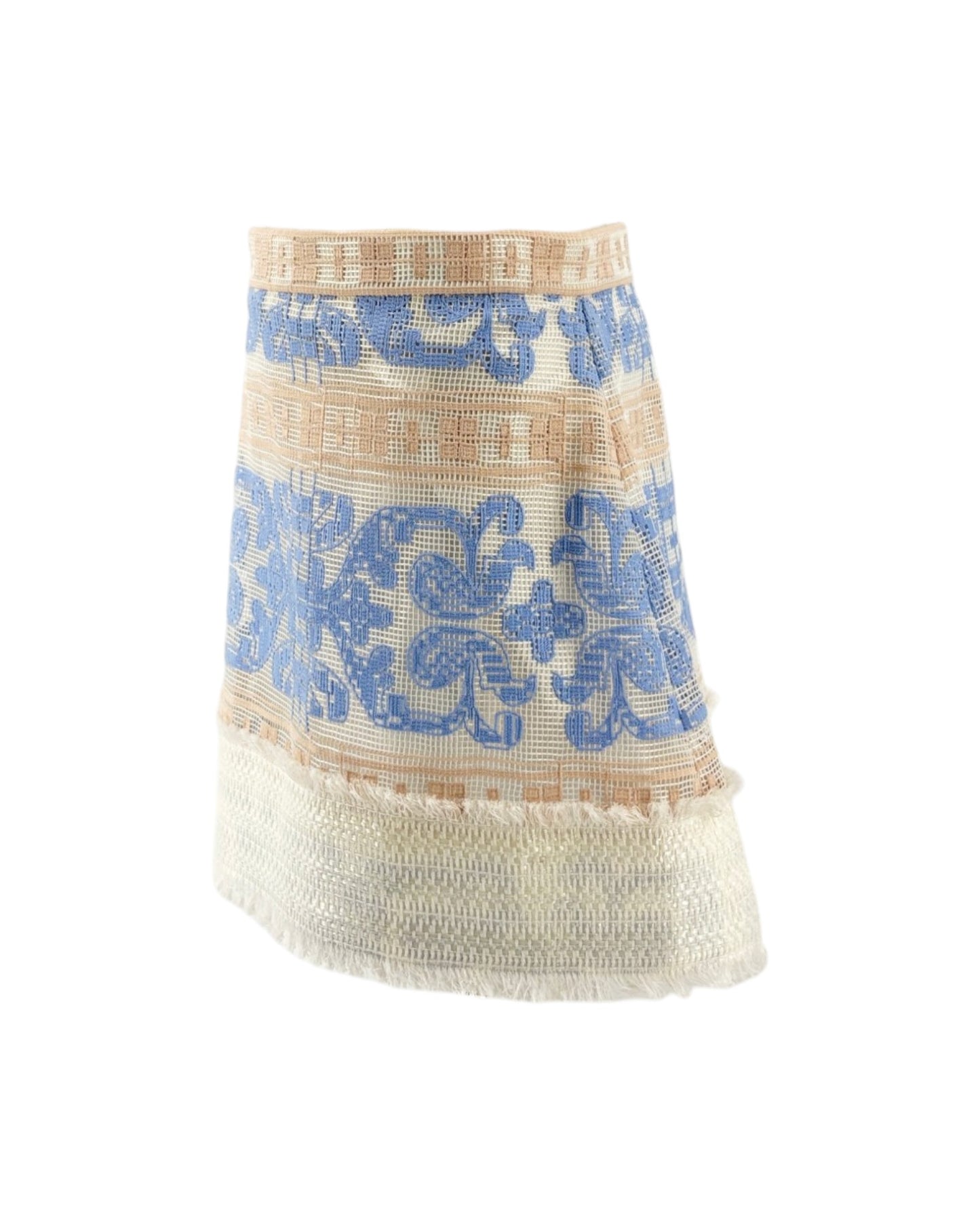 Skirt with blue floral pattern and beige border on a white background