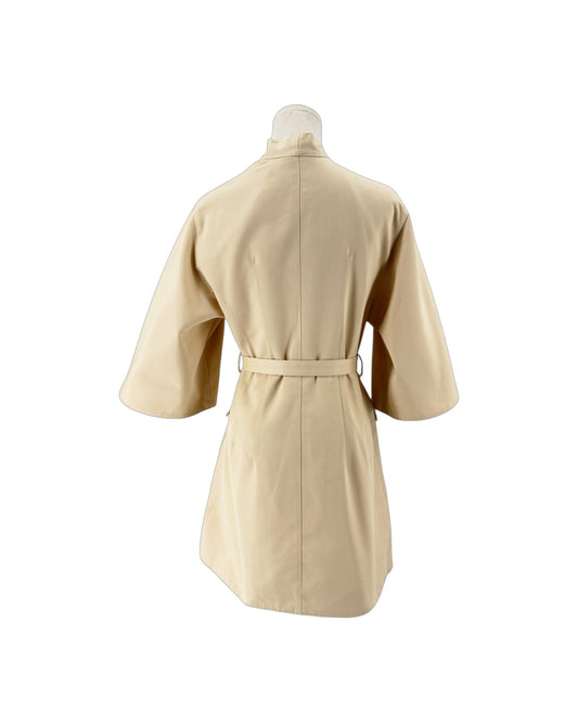 3/4 length beige mini dress with a matching belt on a white background on a mannequin