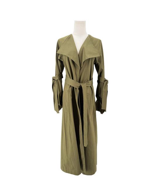 An olive green long trench coat with a matching waist tie belt, displayed on a headless mannequin against a plain white background.