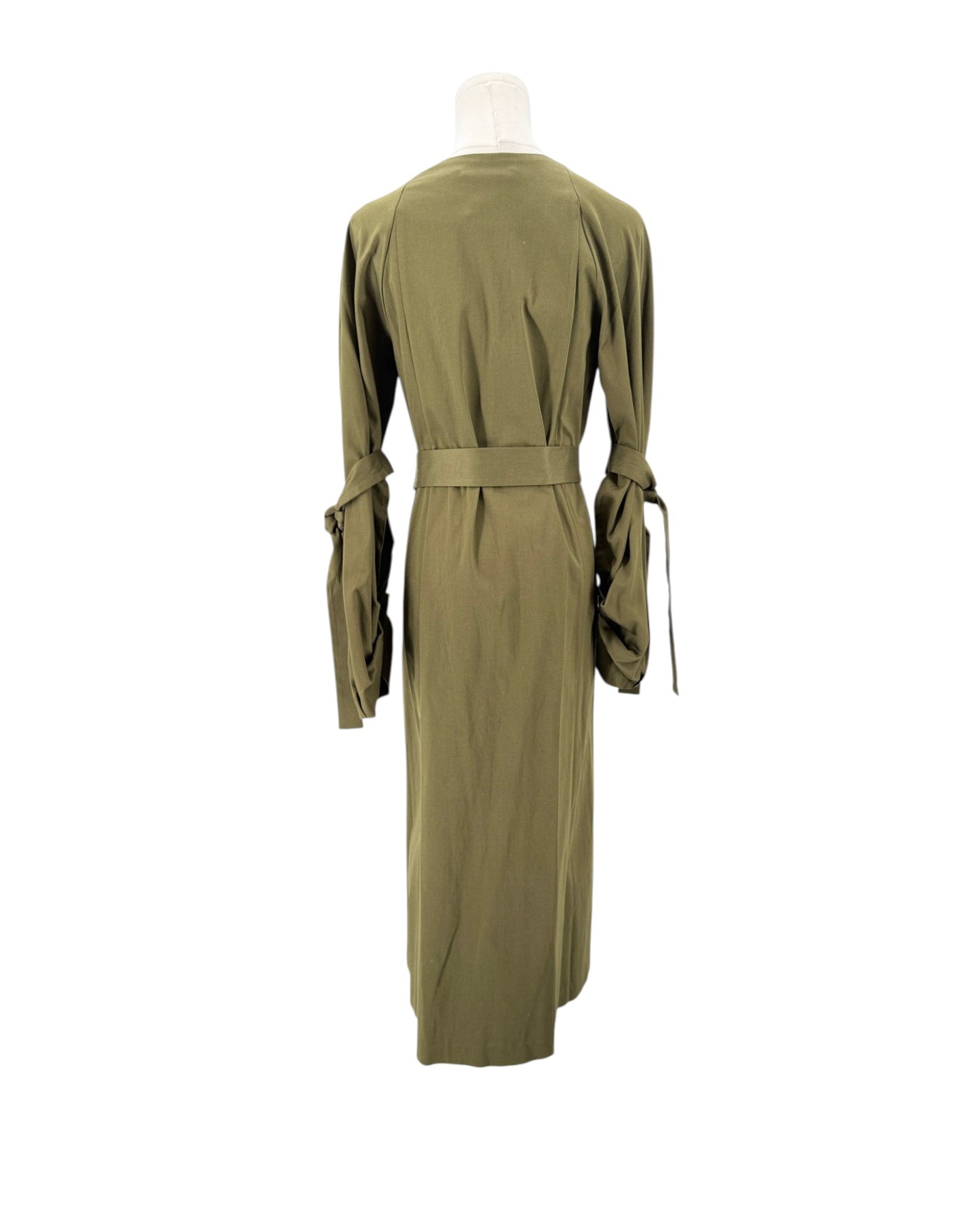 An olive green long-sleeve dress with a matching waist tie belt, shown from the back on a mannequin against a plain white background.