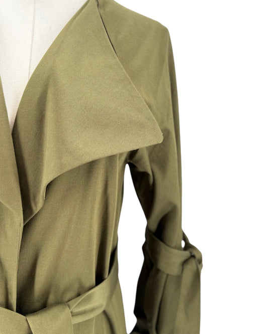 An olive green wrap-style coat or trench jacket displayed on a mannequin against a plain white background.