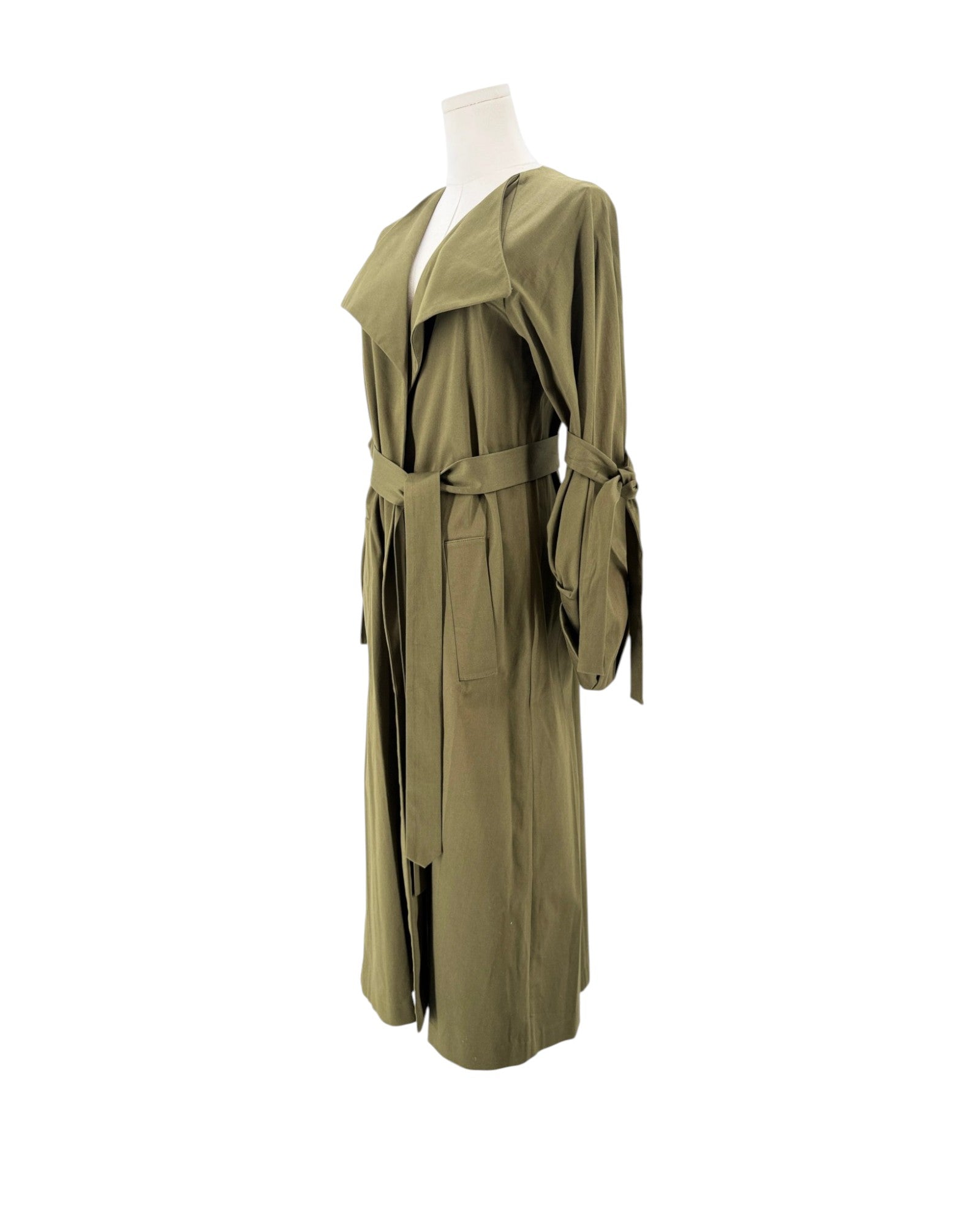 An olive green trench coat displayed on a mannequin torso against a plain white background.