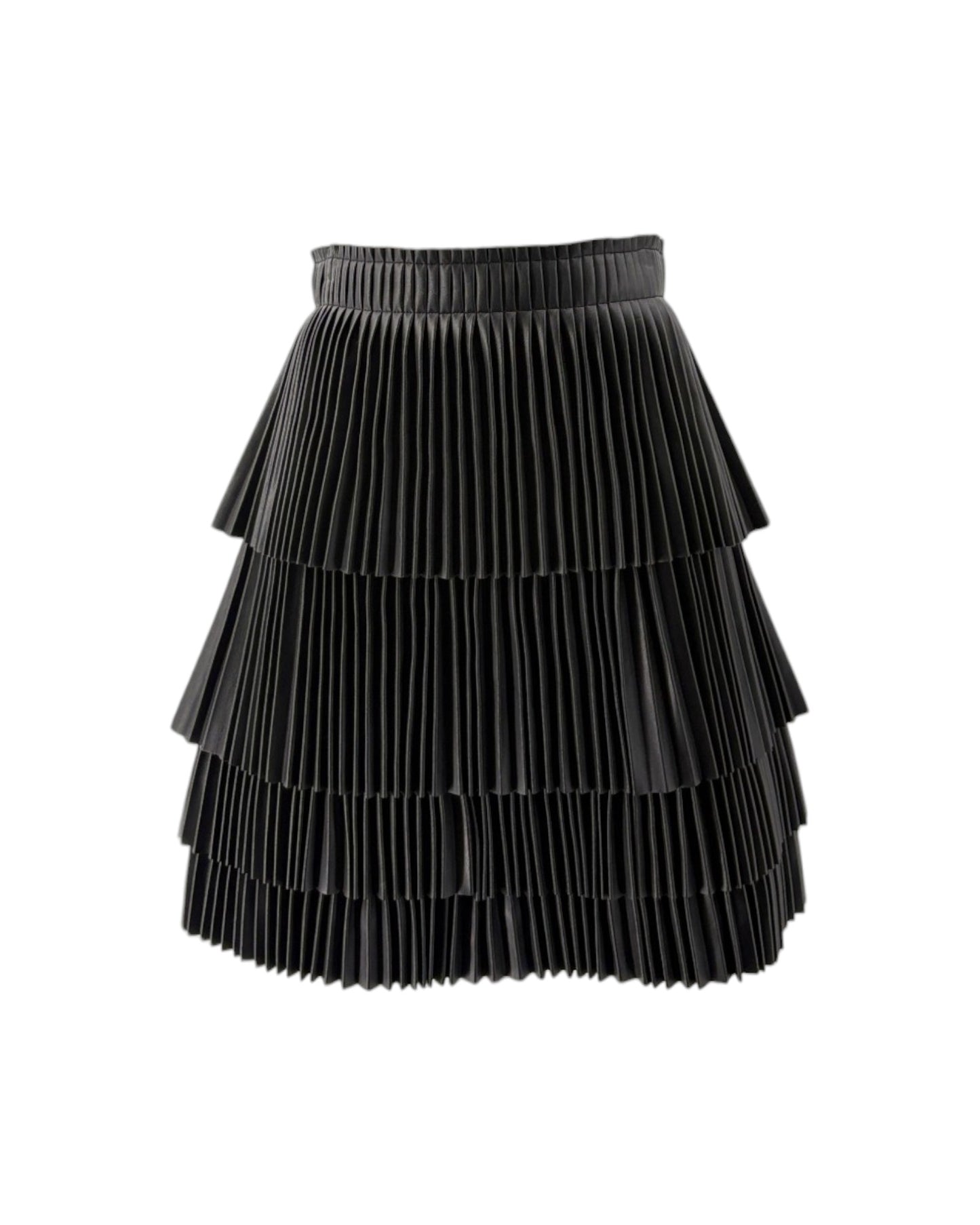 A black pleated mini skirt with a tiered, ruffled design and an elastic waistband, shown against a plain white background.
