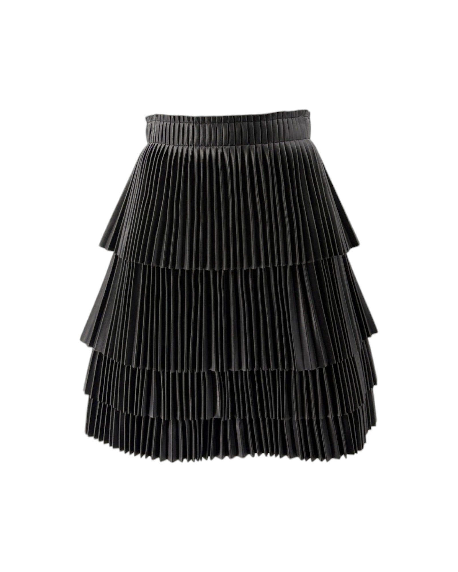 A black pleated mini skirt with a tiered, ruffled design and an elastic waistband, shown against a plain white background.