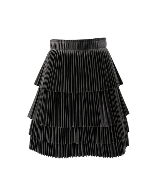 A black pleated mini skirt with a tiered, ruffled design and an elastic waistband, shown against a plain white background.