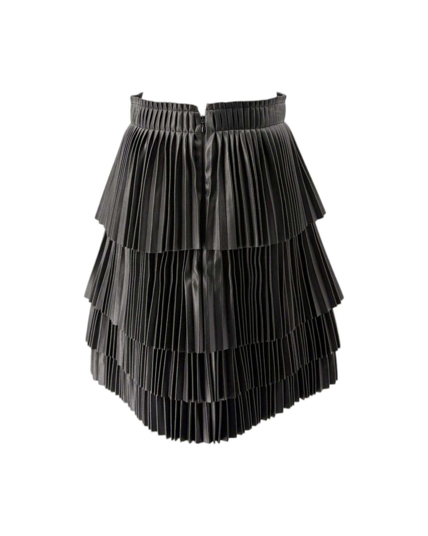 A black pleated mini skirt with a tiered, layered design and a wide elastic waistband, shown against a plain white background.